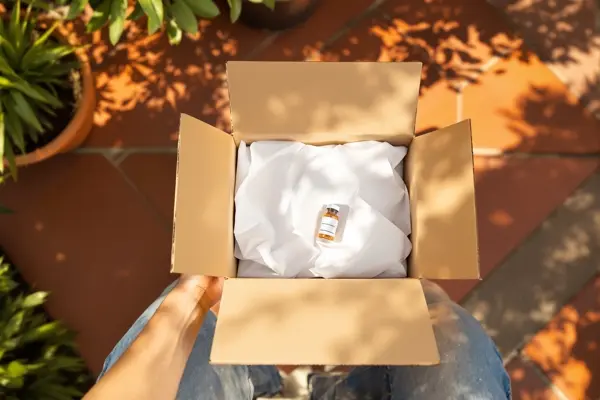 Discreet medication shipping box on residential doorstep — home delivery of clinician-prescribed GLP-1 medication through Open Water Rx