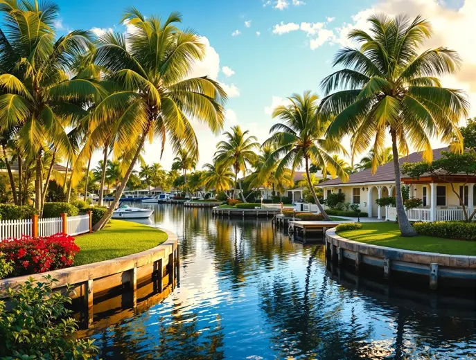 Peaceful Florida waterfront neighborhood with palm trees along a canal — communities Open Water Rx serves
