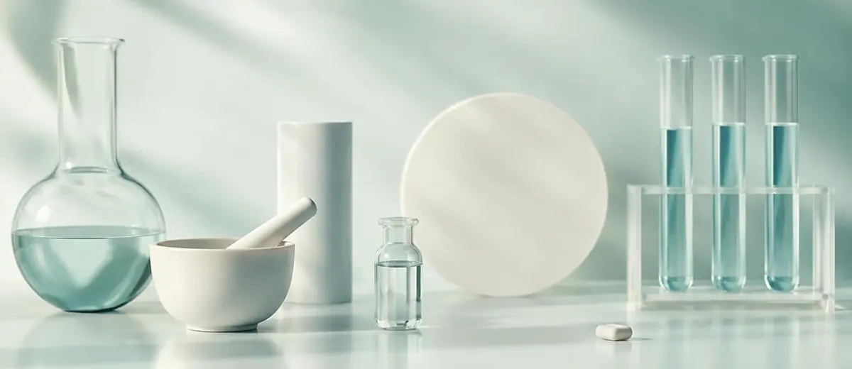 Calm clinical still life in pale teal tones representing licensed compounding pharmacy preparation