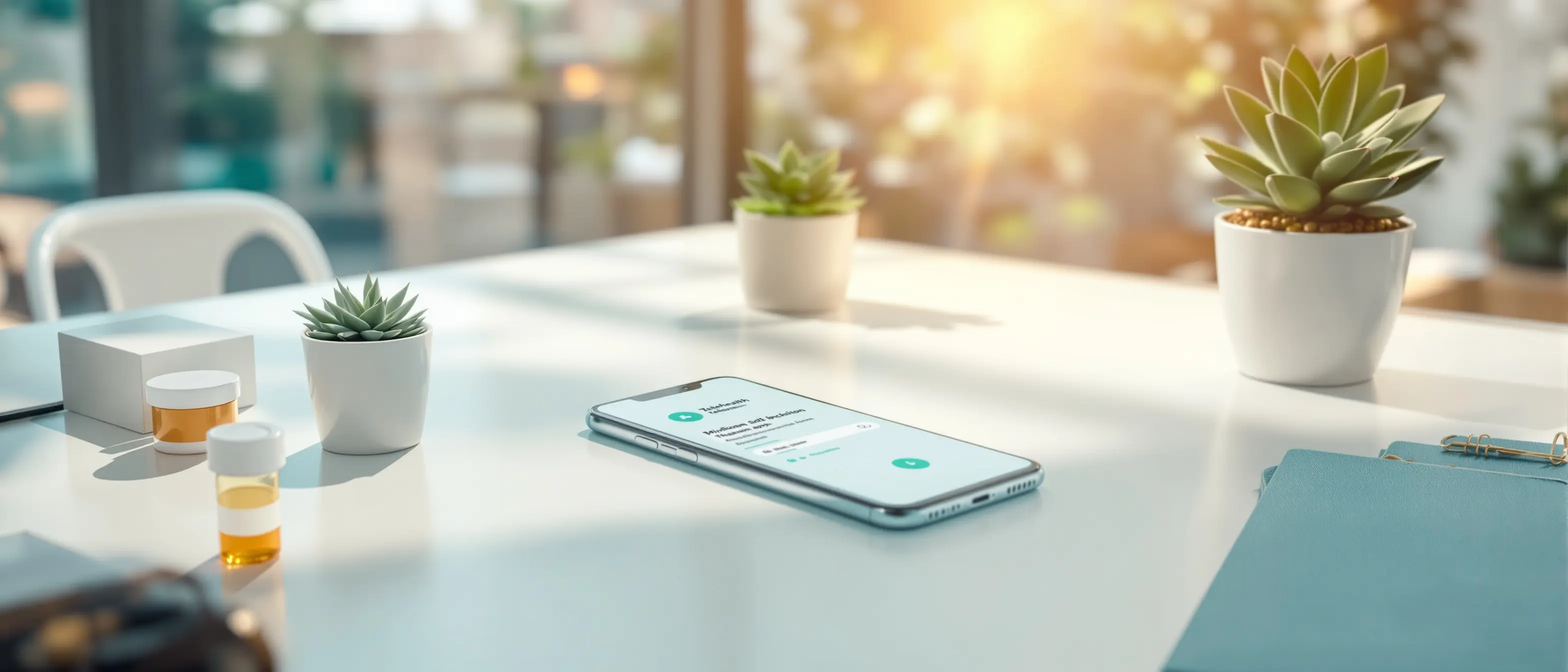 Clean modern telehealth workspace with prescription packaging, health forms, and warm natural light representing the Open Water Rx digital care process
