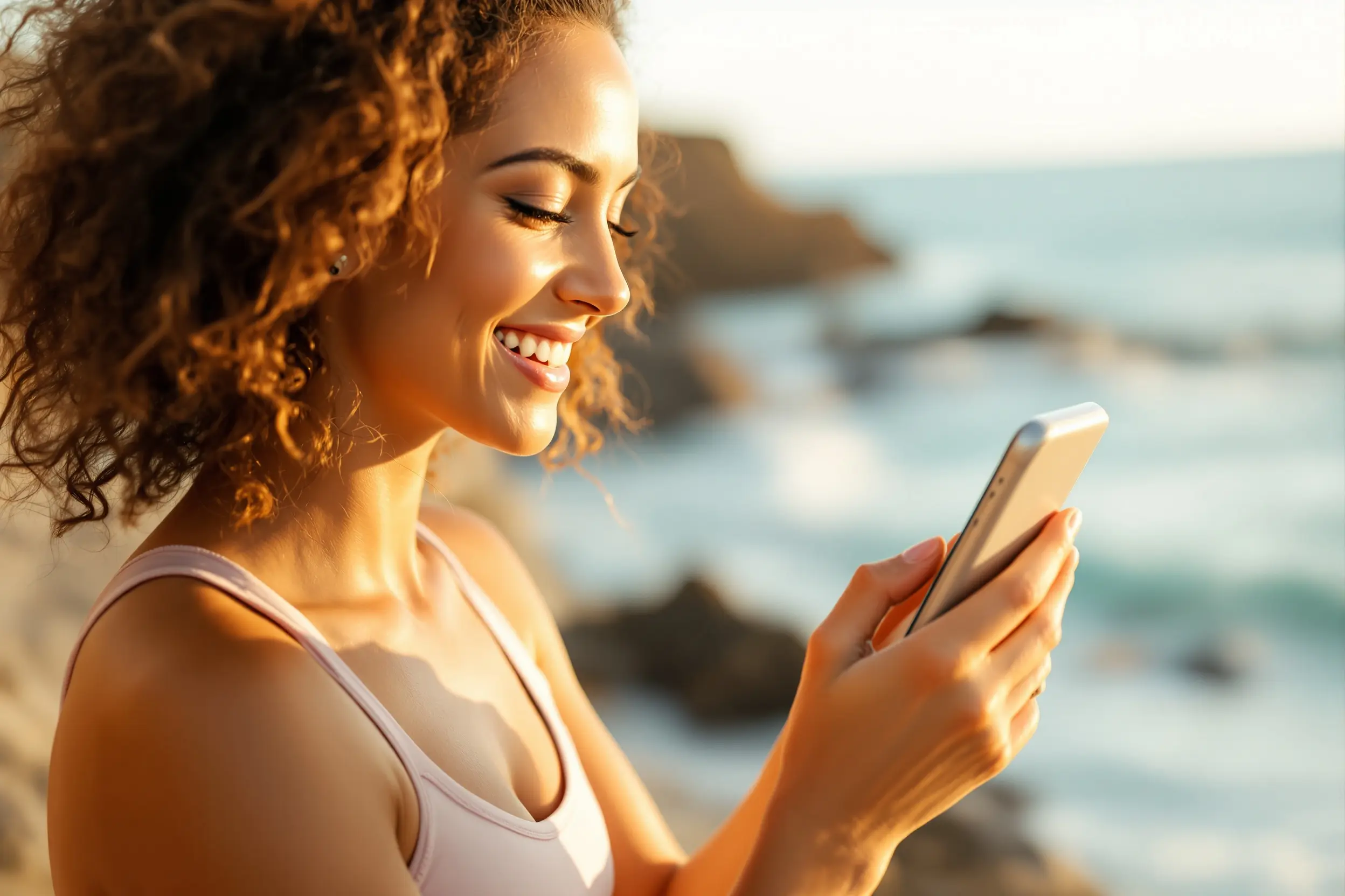 Healthy woman smiling outdoors near the ocean — representing ongoing clinician follow-up and sustained results through telehealth care with Open Water Rx
