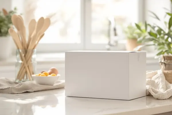 Discreet plain shipping box on a kitchen counter — home delivery of prescribed GLP-1 medication