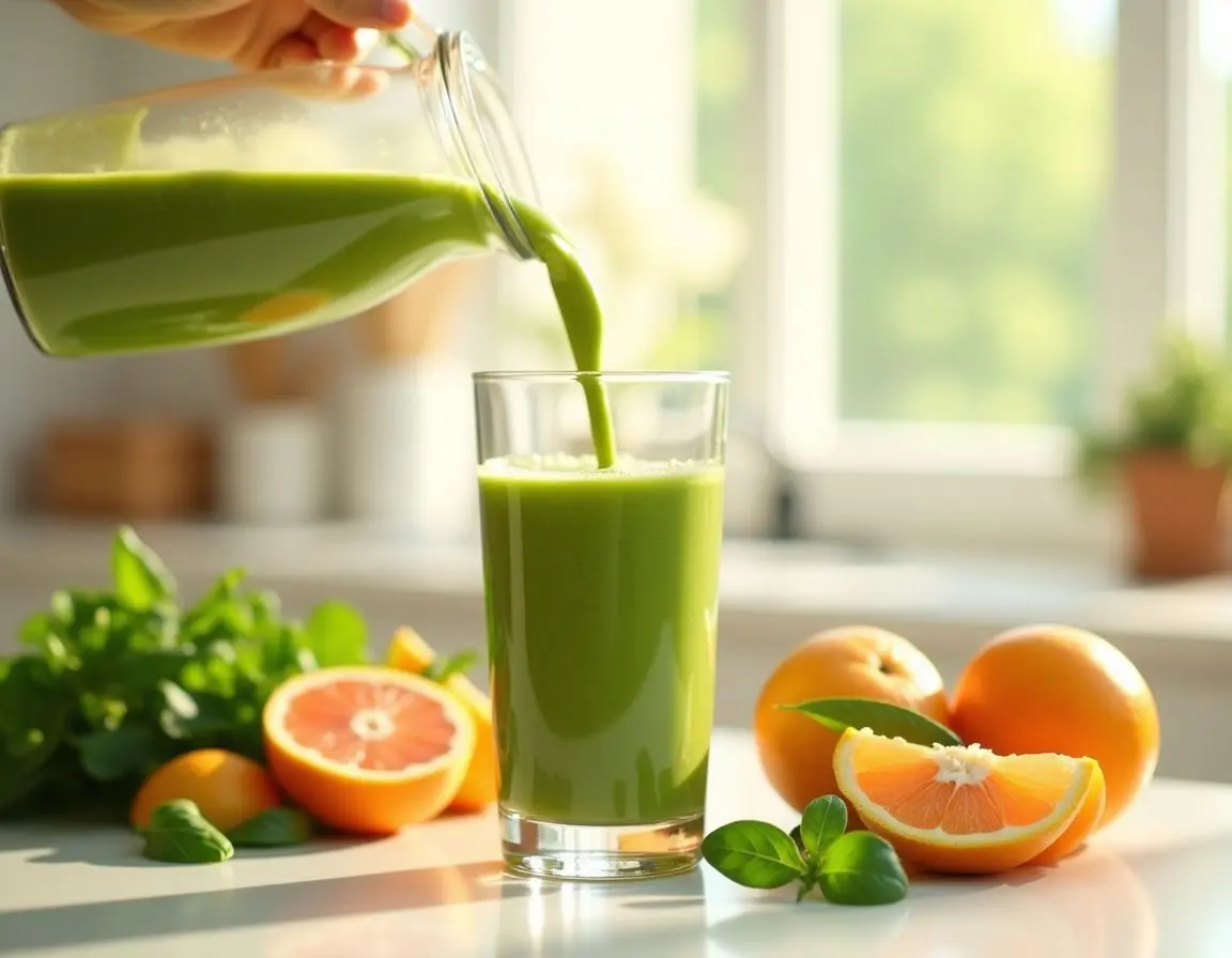 Bright modern kitchen with fresh healthy smoothie and citrus fruit preparation — semaglutide weight loss journey