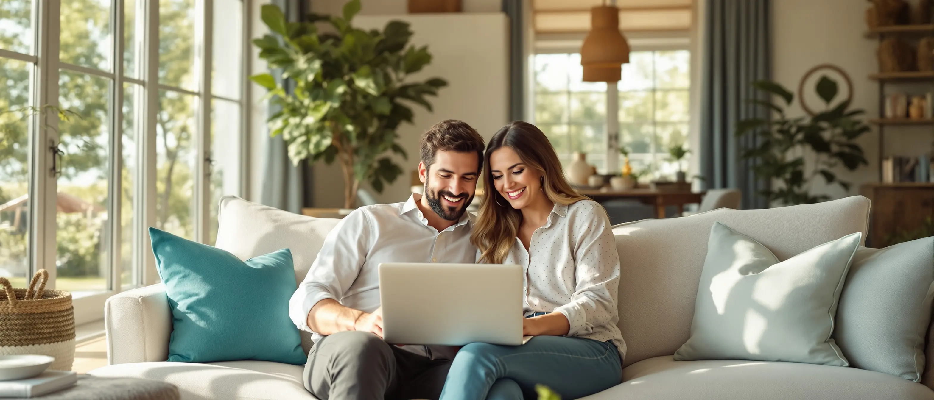 Happy couple browsing health information together in a bright modern coastal living room representing patient confidence and informed care through Open Water Rx