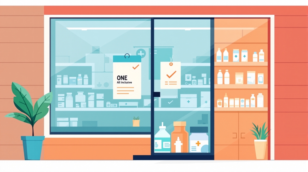 Illustration of transparent all-inclusive GLP-1 pricing with checkmarks for medication, supplies, shipping, and provider care