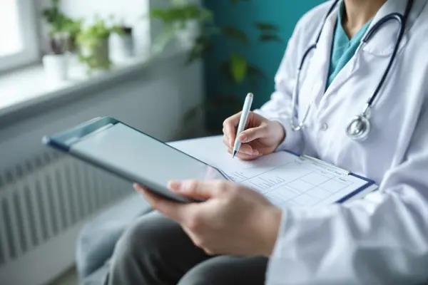 Licensed provider reviewing patient health history during a telehealth consultation for GLP-1 therapy safety assessment
