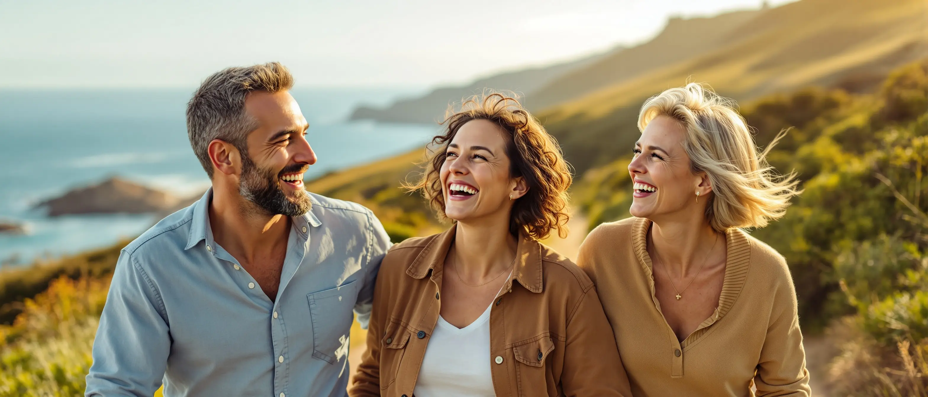 Three healthy adults walking together on a sunny coastal path representing the wellness community Open Water Rx serves