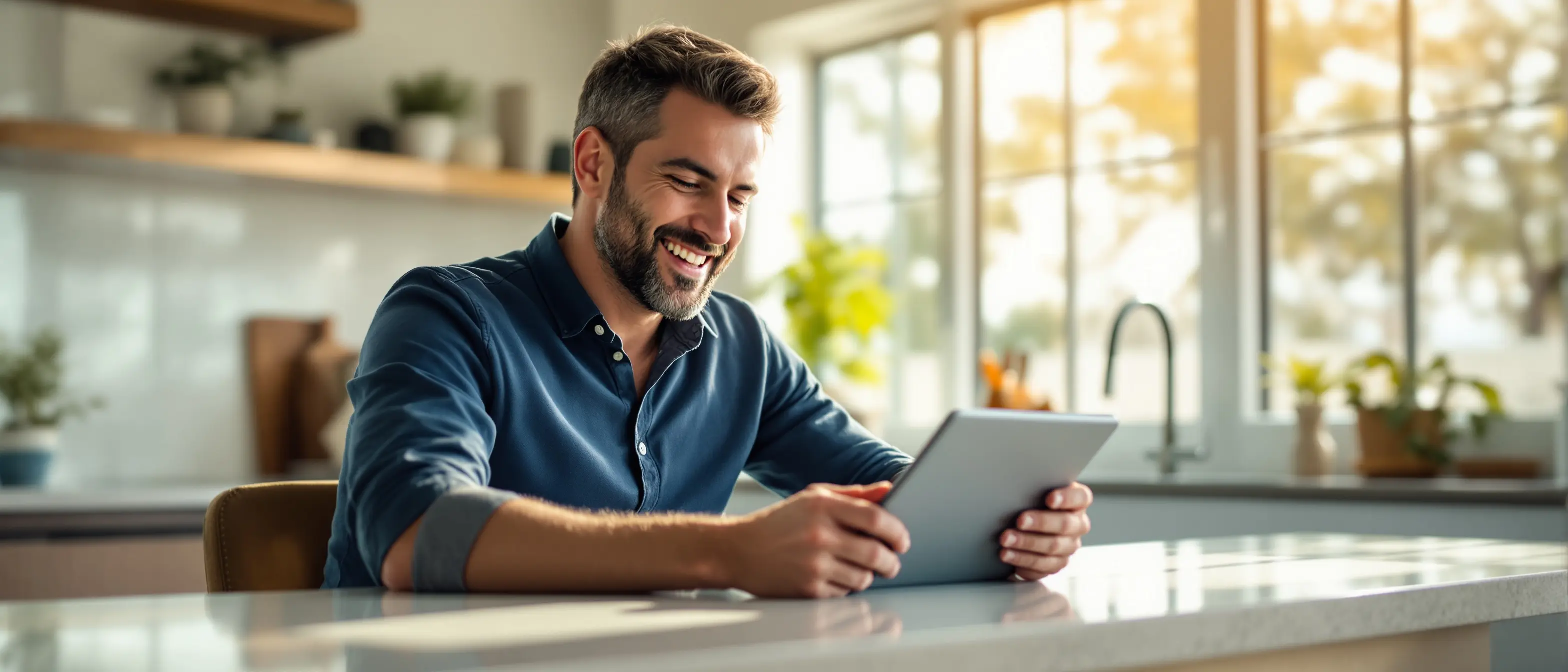 Confident man reviewing health program options on a tablet in a bright modern coastal home representing informed choice through Open Water Rx