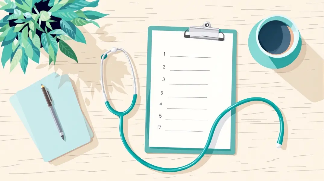 Clipboard with twelve-item checklist and stethoscope for evaluating online GLP-1 providers