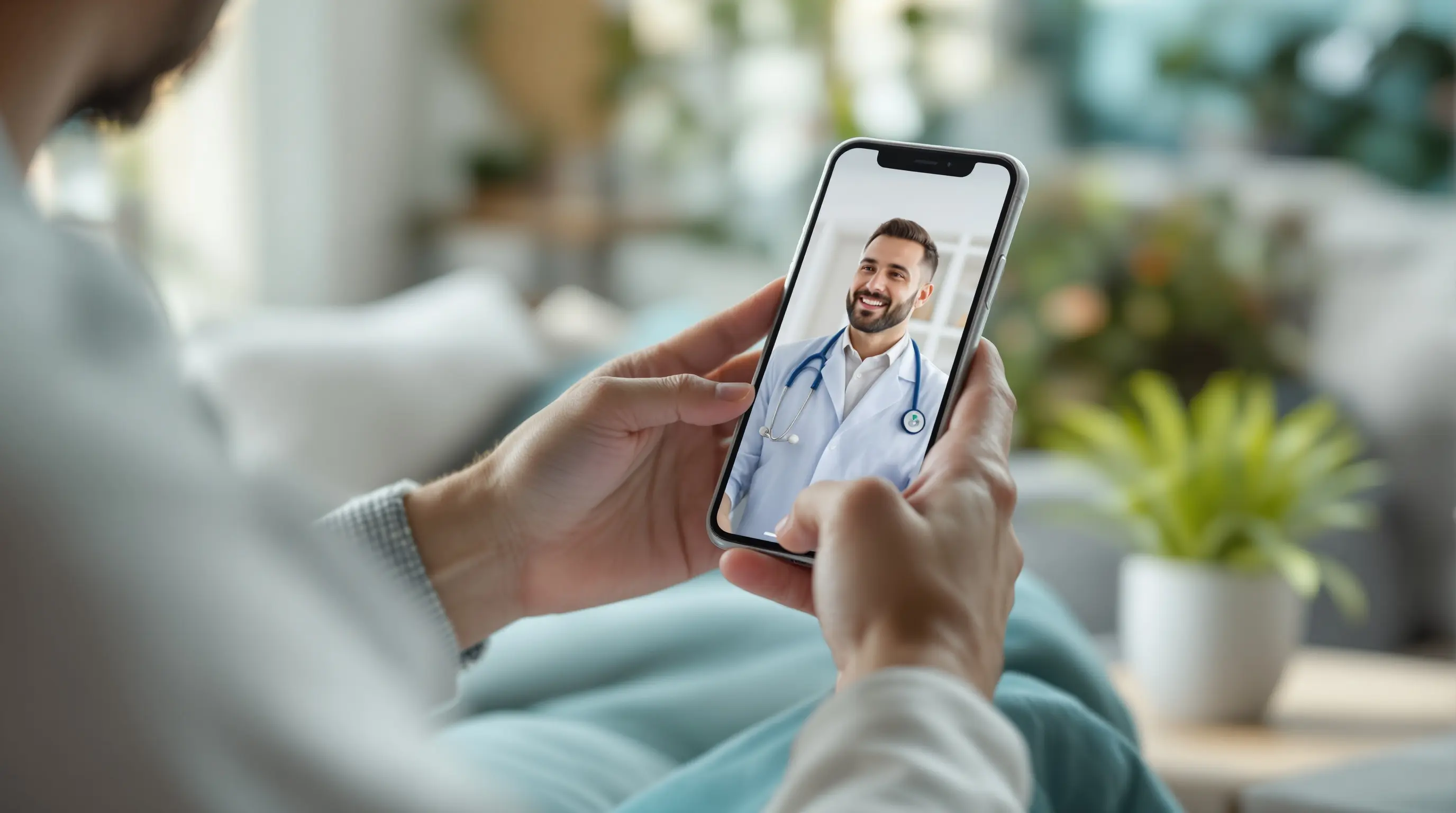 Person using smartphone for telehealth consultation from home representing online weight loss process