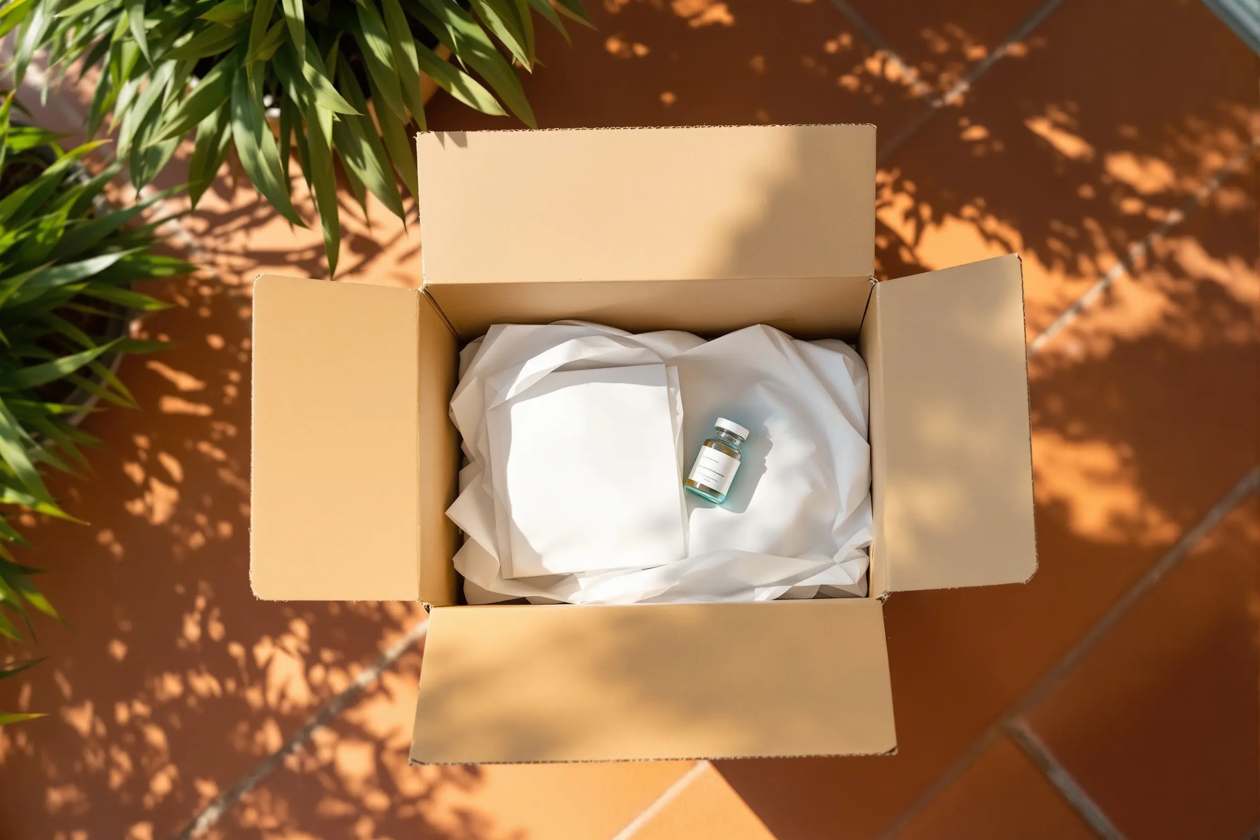 Discreet plain shipping box on residential doorstep — home delivery of clinician-prescribed medication