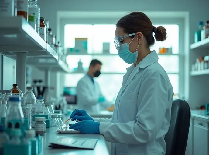 Modern pharmaceutical research laboratory with medication vials — dual GIP/GLP-1 tirzepatide science